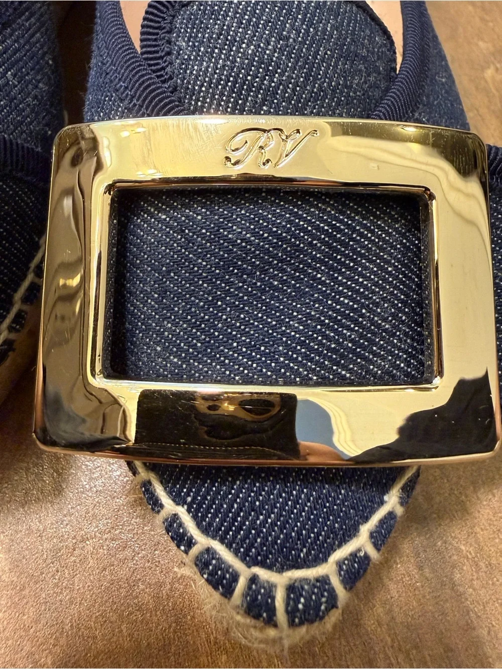 Roger Vivier Denim Espadrille Flat Dark Blue Gold Buckle 34 4 Flatform Shoes